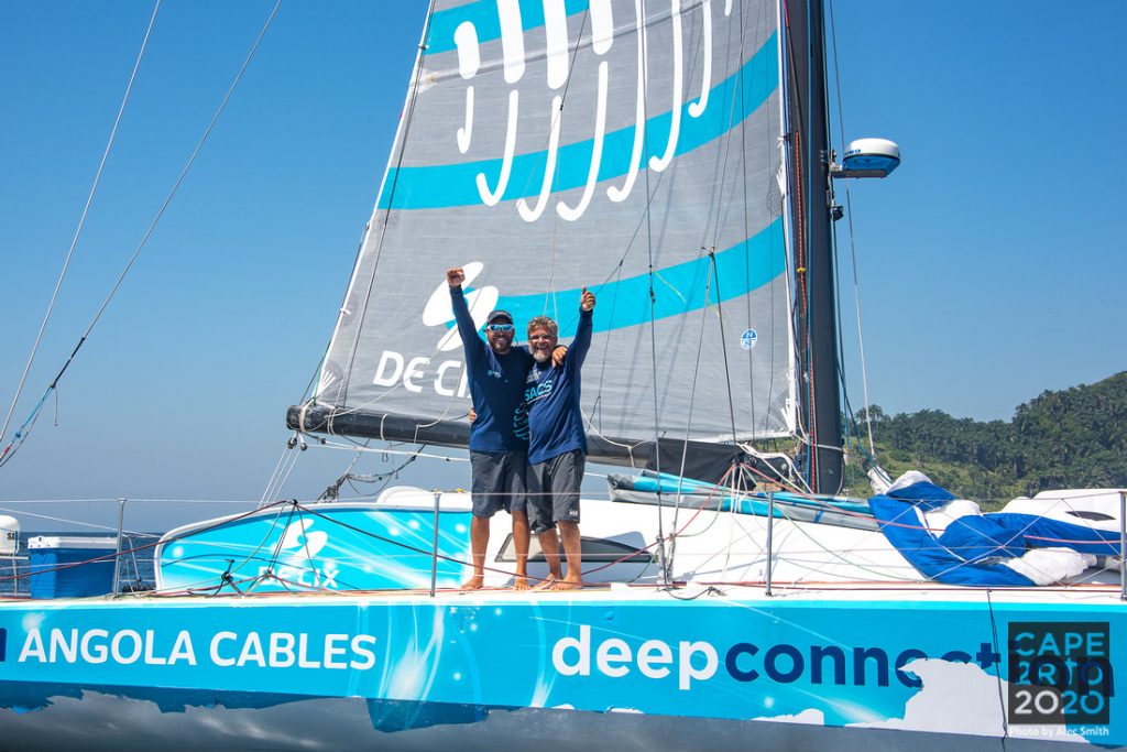 Leonardo Chicourel and Jose Guilherme Caldas of Team Angola Cables celebrate 5th place finish in Cape2Rio 2020 - boat shopping