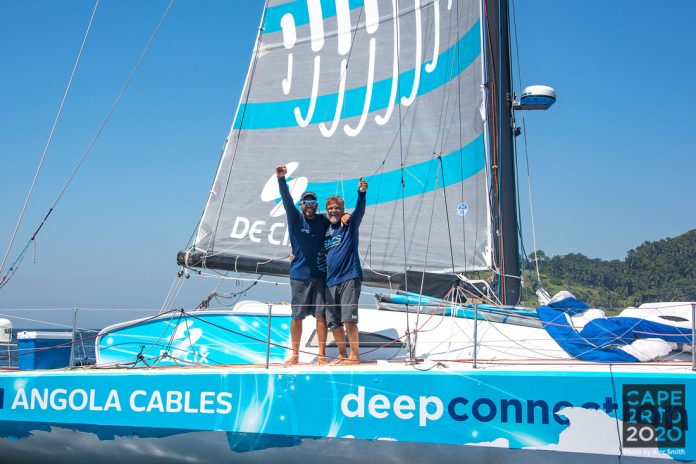 Leonardo Chicourel and Jose Guilherme Caldas of Team Angola Cables celebrate 5th place finish in Cape2Rio 2020 - boat shopping